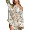 CUPSHE Women Crochet Swimsuit Cover Ups One Shoulder Long Sleeve Beach Coverup Tops(Sand)