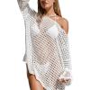 CUPSHE Women Crochet Swimsuit Cover Ups One Shoulder Long Sleeve Beach Coverup Tops(White)
