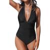 CUPSHE Women V Neck One Piece Swimsuit Halter Backless Ruched Tummy Control Bathing Suit(Black)