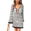 CUPSHE Women’s Crochet Swimsuit Cover Ups Summer Striped Long Sleeve Beach Coverup Dress for Swimwear(Black)