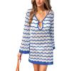 CUPSHE Women’s Crochet Swimsuit Cover Ups Summer Striped Long Sleeve Beach Coverup Dress for Swimwear(Blue)