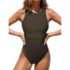 CUPSHE Women’s One Piece Swimsuit Bathing Suit Tummy Control High Neck Cutout Back Hook Mesh Swimwear(Coffee Brown)