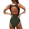 CUPSHE Women’s One Piece Swimsuit Bathing Suit Tummy Control High Neck Cutout Back Hook Mesh Swimwear(Dark Green)