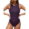 CUPSHE Women’s One Piece Swimsuit Bathing Suit Tummy Control High Neck Cutout Back Hook Mesh Swimwear(Deep Purple)