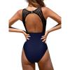CUPSHE Women’s One Piece Swimsuit Bathing Suit Tummy Control High Neck Cutout Back Hook Mesh Swimwear(Navy Blue)