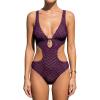 CUPSHE Women’s One Piece Swimsuit Monokini Plunging Neck Cutout Bathing Suit Halter Ties Adjustable Straps Swimwear(Purple/Stripe)
