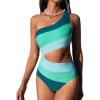 CUPSHE Women’s One Piece Swimsuit One Shoulder Bathing Suit Cutout Color Block Swimwear(Green Color Block)