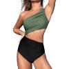 CUPSHE Women’s One Piece Swimsuit One Shoulder Color Block Side Cutout Ruched Bathing Suit(Eucalyptus Green/Black)