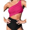 CUPSHE Women’s One Piece Swimsuit One Shoulder Color Block Side Cutout Ruched Bathing Suit(Fuchsia Red/Black)