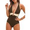 CUPSHE Women’s One Piece Swimsuit Plunging V Neck Stitched Trim Bathing Suit Color Block O Ring Full Bum Coverage(Brown/Cream)