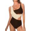 CUPSHE Women’s One Piece Swimsuit Scoop Neck Color Block Bathing Suit Wide Straps Side Cutout(Brown/Beige)