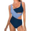 CUPSHE Women’s One Piece Swimsuit Scoop Neck Color Block Bathing Suit Wide Straps Side Cutout(Navy/Blue)