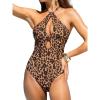 CUPSHE Women’s One Piece Swimsuit Sexy Bathing Suit Cut Out Halter Tie High Neck Back Hook Swimwear(Brown Leopard)
