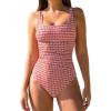 CUPSHE Women’s One Piece Swimsuit Square Neck Bathing Suit Wide Straps Back Hook Cutout Ruched Swimwear(Brick Red/Geo)