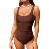 CUPSHE Women’s One Piece Swimsuit Square Neck Bathing Suit Wide Straps Back Hook Cutout Ruched Swimwear(Chocolate Brown)