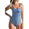 CUPSHE Women’s One Piece Swimsuit Square Neck Bathing Suit Wide Straps Back Hook Cutout Ruched Swimwear(Navy Blue/Geo)