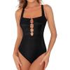 CUPSHE Women’s One Piece Swimsuit Square Neck Cutouts Bathing Suit Ribbed Texture Crisscross Back Self Tie Swimwear(Black)