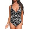 CUPSHE Women’s One Piece Swimsuit Tummy Control Deep V Neck Double Straps Crisscross Back Tie Bathing Suit(Black/Floral)