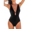 CUPSHE Women’s One Piece Swimsuit Tummy Control V Neck Cutout Bathing Suit Crisscross Back Textured Cheeky Bottom(Black)