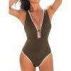CUPSHE Women’s One Piece Swimsuit Tummy Control V Neck Cutout Bathing Suit Crisscross Back Textured Cheeky Bottom(Coffee Brown)