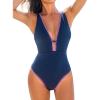 CUPSHE Women’s One Piece Swimsuit Tummy Control V Neck Cutout Bathing Suit Crisscross Back Textured Cheeky Bottom(Navy Blue)