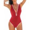 CUPSHE Women’s One Piece Swimsuit Tummy Control V Neck Cutout Bathing Suit Crisscross Back Textured Cheeky Bottom(Red)