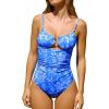 CUPSHE Women’s One Piece Swimsuit U Wire Scoop Neck Bathing Suit Cutout Cross Back Ruching Double Adjustable Straps(Cobalt Blue Floral)