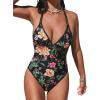 CUPSHE Women’s One Piece Swimsuit V Neck Bathing Suit Cutout Back Self Tie Double Straps(Black/Yellow Floral)