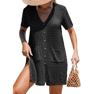 CUPSHE Crochet Swim Cover Up for Women Short Sleeve Button Front Summer Beach Cover Up Dress with Pockets(Black)