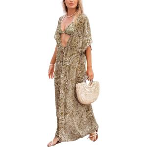 CUPSHE Kimono Swimsuit Coverup for Women Open Front Striped Maxi Cardigan Beach Cover Up(Grass Green Patterned)