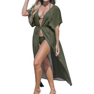 CUPSHE Kimono Swimsuit Coverup for Women Open Front Striped Maxi Cardigan Beach Cover Up(Olive Green)