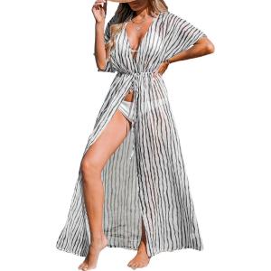 CUPSHE Kimono Swimsuit Coverup for Women Open Front Striped Maxi Cardigan Beach Cover Up(White Stripes)