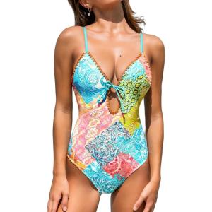CUPSHE One Piece Swimsuit Women Keyhole V Neck Color Block Bathing Suit Cutout Back Crisscross Self Tie Swimwear(Turquoise/Coral Pink)