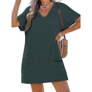 CUPSHE Swimsuit Coverup for Women Waffle Knit V Neck Short Sleeve Beach Coverup Dress with Pockets(Dark Green)