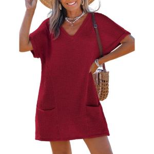 CUPSHE Swimsuit Coverup for Women Waffle Knit V Neck Short Sleeve Beach Coverup Dress with Pockets(Red)