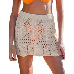 CUPSHE Women Crochet Cover Up Skirt Hollow Out Knit Beach Wrap Mini Skirt(Beige)