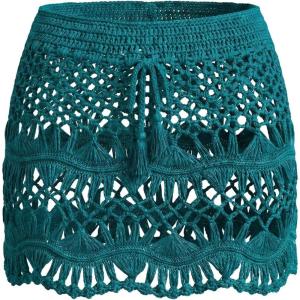 CUPSHE Women Crochet Coverup Skirt Drawstring Knit Mini Skirt Coverup for Swimwear(Peacock Blue)