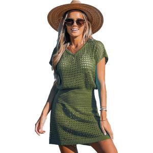 CUPSHE Women Crochet Swim Cover Up Short Sleeve V Neck Bathing Suit Beach Dress Summer Swimwear Coverups(Army Green)