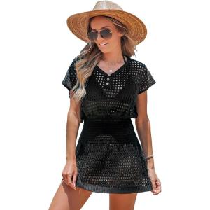 CUPSHE Women Crochet Swim Cover Up Short Sleeve V Neck Bathing Suit Beach Dress Summer Swimwear Coverups(Black)