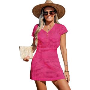 CUPSHE Women Crochet Swim Cover Up Short Sleeve V Neck Bathing Suit Beach Dress Summer Swimwear Coverups(Hot Pink)