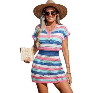 CUPSHE Women Crochet Swim Cover Up Short Sleeve V Neck Bathing Suit Beach Dress Summer Swimwear Coverups(Pink Striped)