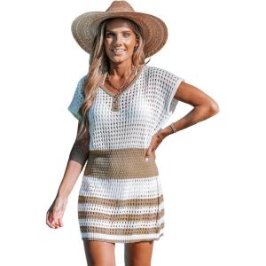 CUPSHE Women Crochet Swim Cover Up Short Sleeve V Neck Bathing Suit Beach Dress Summer Swimwear Coverups(Striped Brown)