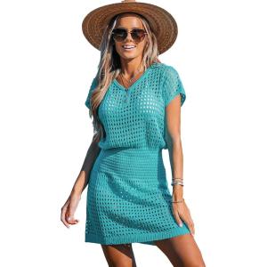 CUPSHE Women Crochet Swim Cover Up Short Sleeve V Neck Bathing Suit Beach Dress Summer Swimwear Coverups(Turquoise)