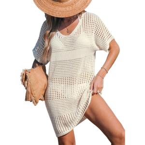 CUPSHE Women Crochet Swimsuit Cover Up Short Sleeve Beach Dress V Neck Bathing Suit Coverups for Beach Swimwear(Beige)