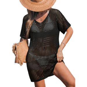 CUPSHE Women Crochet Swimsuit Cover Up Short Sleeve Beach Dress V Neck Bathing Suit Coverups for Beach Swimwear(Black)