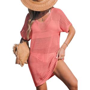 CUPSHE Women Crochet Swimsuit Cover Up Short Sleeve Beach Dress V Neck Bathing Suit Coverups for Beach Swimwear(Pink)