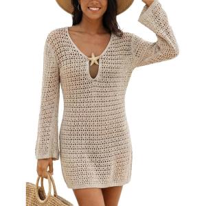 CUPSHE Women Crochet Swimsuit Cover Ups Long Sleeve Summer Beach Coverup Dress for Swimwear(Neutral)
