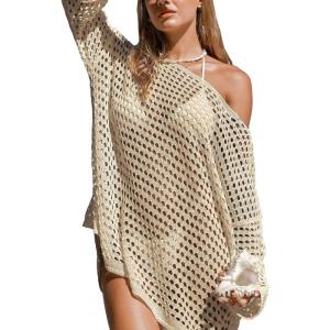 CUPSHE Women Crochet Swimsuit Cover Ups One Shoulder Long Sleeve Beach Coverup Tops(Apricot)