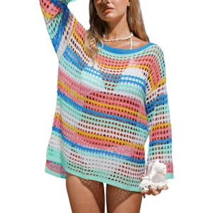 CUPSHE Women Crochet Swimsuit Cover Ups One Shoulder Long Sleeve Beach Coverup Tops(Cyan Striped)