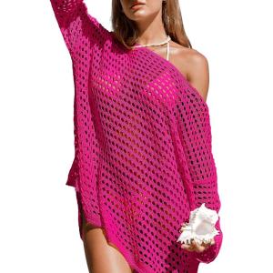 CUPSHE Women Crochet Swimsuit Cover Ups One Shoulder Long Sleeve Beach Coverup Tops(Hot Pink)